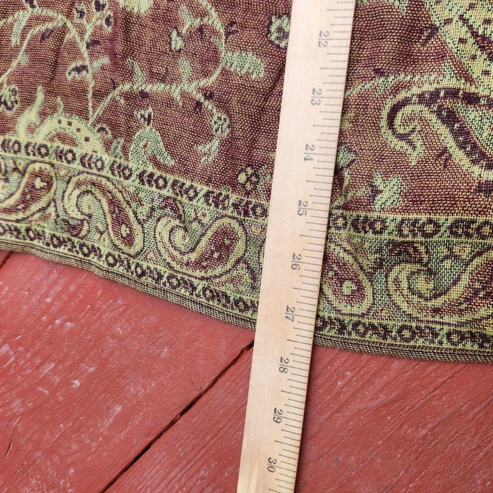 PASHMINA Scarf Paisley Green Tan Silk Fringe Shawl Wrap 26 x 70 - Picture 4 of 6